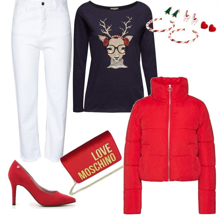 Outfit donna - Vigilia di Natale. Stile Urban per Serata fuori. Abbinamento con jeans a tubo con frange vita alta con zip tinta unita, costumi interi, pantaloni corti e shorts, t-shirt, pochette, décolleté.
