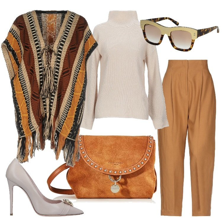 Outfit donna - Office style. Stile Trendy per Ufficio. Abbinamento con pantaloni, maglioncino lavorato a maglia collo a dolcevita a maniche lunghe tinta unita, cardigan senza tasche fantasia multicolore lavorato a maglia scollatura profonda a maniche corte in cotone, décolleté a punta tinta unita, occhiali da sole, borsa a tracolla con zip.