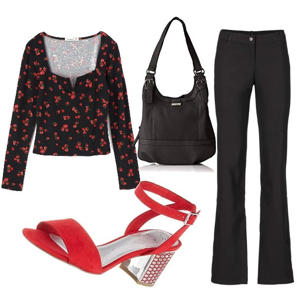Outfit donna - Black and red. Stile Trendy per Tutti i giorni. Abbinamento con pantaloni, t-shirt con ferretto fantasia floreale con tacco squadrato e scollo a maniche lunghe nero, sandali con cinturino rosso, borsa tote nero.