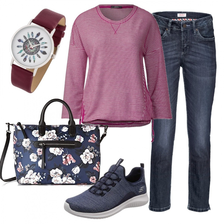 Outfit donna - Orologio pennuto. Stile Basic per Scuola/Università. Abbinamento con jeans, orologio argento e viola, sneakers running con tacco elasticizzato blu e navy, t-shirt a maniche lunghe rosa, borsa messenger multicolore e navy.