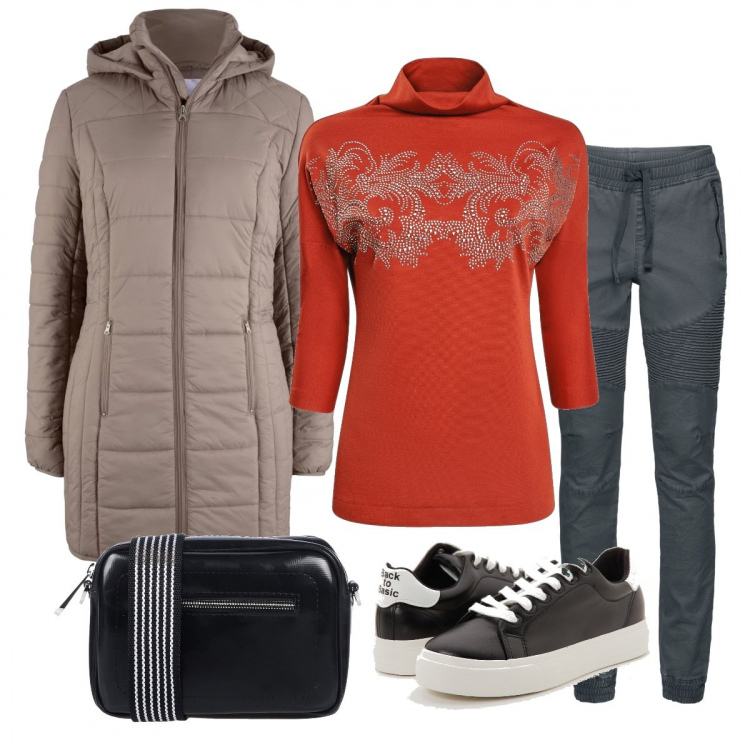 Outfit donna - Sportiva nelle feste si può. Stile Basic per Tutti i giorni. Abbinamento con pantaloni sportivi, cappotto effetto lucido marrone, borsa a tracolla mini con zip interno sfoderato in pelle sintetica tinta unita, sneakers sport in ecopelle tinta unita nero, maglione con strass rosso.