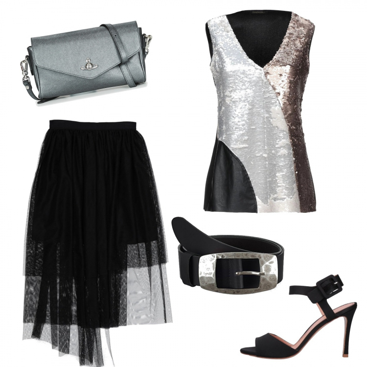 Outfit mujer - Noches de fiesta. Estilo Chic para Noche/Fiesta elegante. Combinación con cintura nero, borsa a tracolla, top jersey multicolore, falda longuette, stiletti in raso.