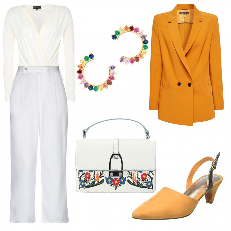 Outfit mujer - La alegria del naranja. Estilo Chic para Todos los días. Combinación con blazer oversize, zapatos de tacón, bolso de mano, top jersey, pantalone, pendientes con strass oro.
