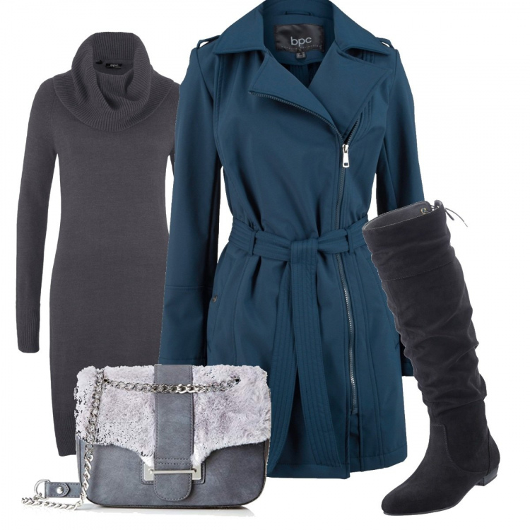 Outfit donna - Blazer carta zucchero. Stile Trendy per Tutti i giorni. Abbinamento con stivali, vestiti, vestito in in maglia grigio, borsa a tracolla grigio.