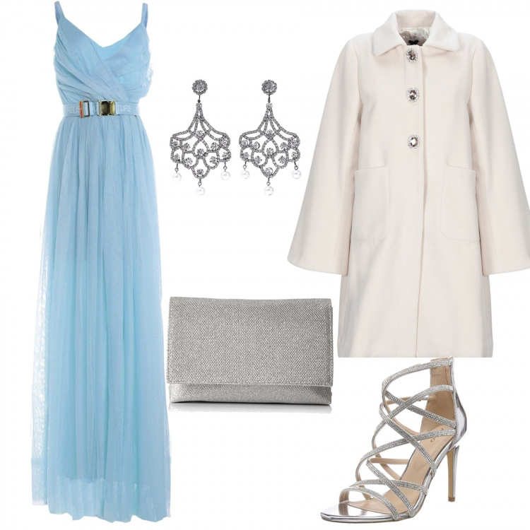 Outfit mujer - De boda. Estilo Sexy para Ceremonia. Combinación con zapatos de tacón argento, clutch grigio, vestidos largos, cappotto con strass, pendientes con strass.