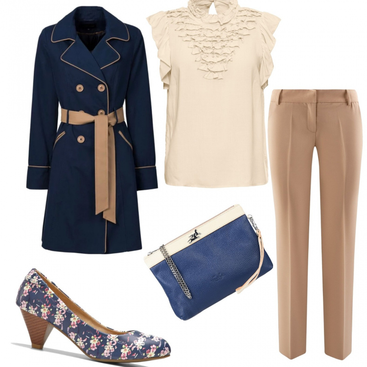 Outfit donna - Cappotto in blu. Stile Basic per Ufficio. Abbinamento con trench, maglieria, décolleté, borsa a mano mini con manico fantasia in pelle martellata con zip e tracolla removibile, pantalone taglio dritto con pieghe beige.