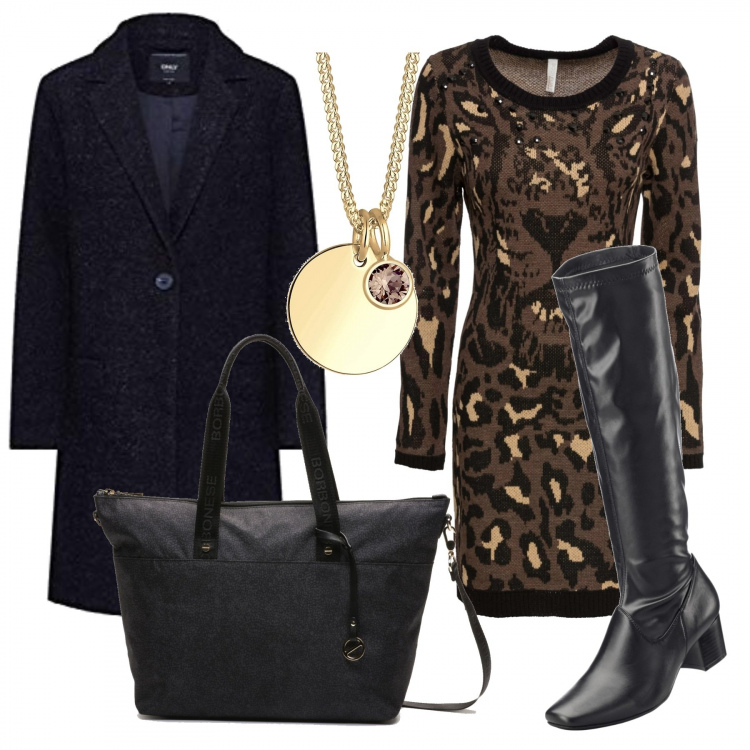 Outfit donna - Un caffè con le amiche. Stile Trendy per Tutti i giorni. Abbinamento con stivali, vestiti, pochette con stampa e zip con tracolla regolabile nero, cappotto melange nero, collane.