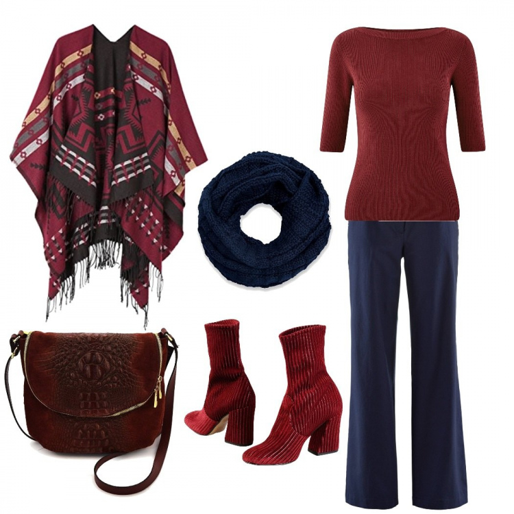 Outfit donna - Etnico, un po\' gitana. Stile Etnico per Tutti i giorni. Abbinamento con stivaletti effetto laminato con tacco geometrico e punta tonda pianta larga tinta unita, pantaloni, borsa a tracolla marrone, poncio, pullovers, sciarpa.