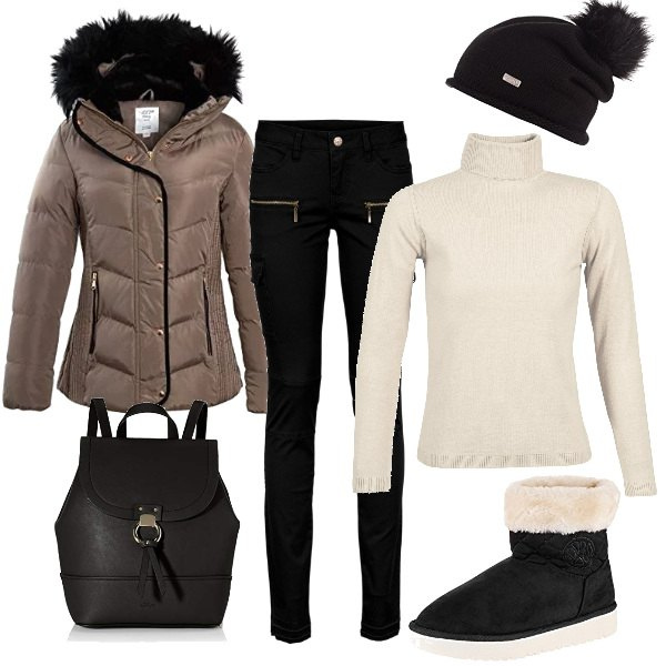 Outfit donna - Pronte per il freddo inverno. Stile Basic per Tutti i giorni. Abbinamento con pantaloni cargo, maglione, cappotto, stivaletti, zaino nero, berretti.