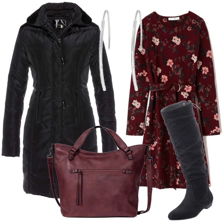 Outfit donna - Il vestito modello skater. Stile Trendy per Scuola/Università. Abbinamento con stivali, giacche, borsa a tracolla, vestito skater fantasia floreale bordeaux, orecchini.