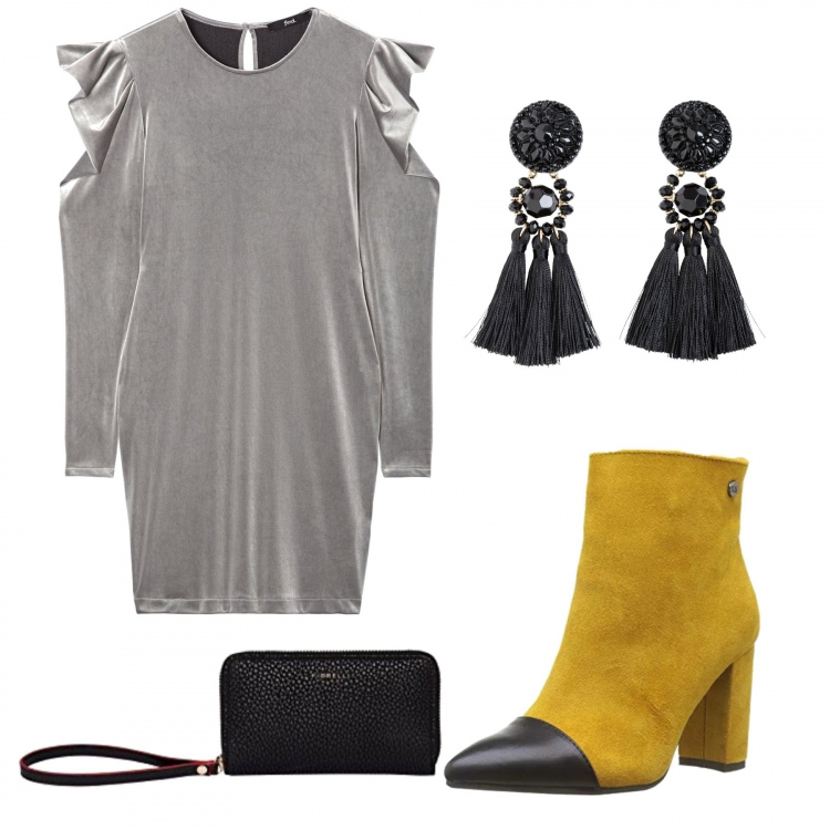 Outfit donna - Sabato sera. Stile Trendy per Serata fuori. Abbinamento con maglieria, vestiti a tubino, stivaletti giallo, borsa a mano nero.