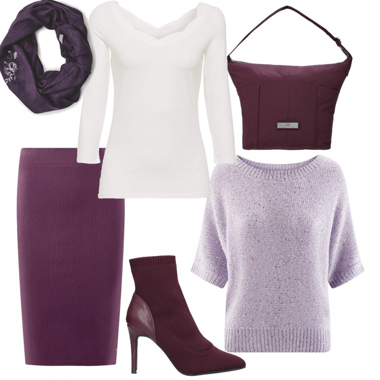 Outfit mujer - Violet Style. Estilo Chic para Oficina. Combinación con cintura midi, pantalone melange jersey, maglioncino bianco, bufandas, stiletti, shopping bag.