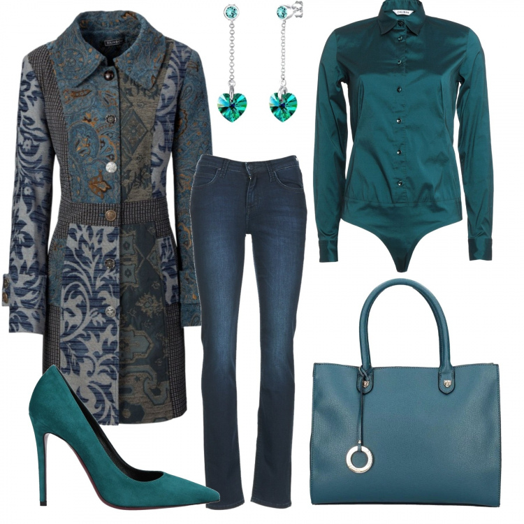 Outfit donna - Fall Winter Style Work. Stile Urban per Ufficio. Abbinamento con cappotti, camicia senza tasche collo classico a maniche lunghe tinta unita, décolleté, borsetta verde, jeans, orecchini.