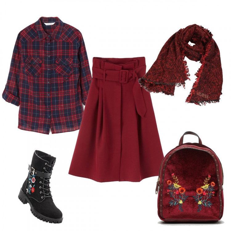 Outfit donna - Country girl fashion. Stile Trendy per Tutti i giorni. look ideale per Petite. Abbinamento con stivali, gonna paper bag con fusciacca tinta unita bordeaux, camicia a quadri blu, sciarpe, zaino con borchie bordeaux e multicolore.