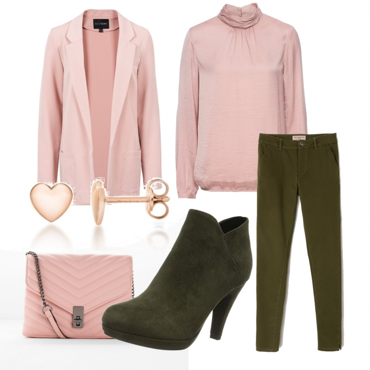 Outfit donna - Rosa e oliva. Stile Trendy per Tutti i giorni. Abbinamento con vestiti corti, blusa effetto satinato collo alto rosa, borsa a tracolla con zip rosa, pantalone skinny stile militare twill verde, stivaletti, orecchini a perno in sterling 925 ipoallergenico argento e oro e bianco.