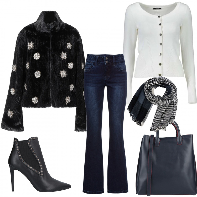 Outfit donna - Semplicemente. Stile Trendy per Tutti i giorni. Abbinamento con jeans bootcut, ecopelliccia, stivaletti con borchie a punta in pelle sintetica tinta unita, borsa a mano maxi con zip interno foderato in pelle tinta unita, cardigans, sciarpa a quadri taglia unica multicolore e nero.
