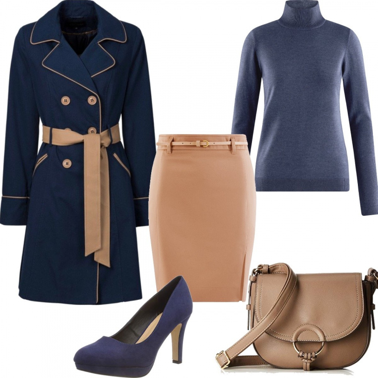 Outfit donna - #Mi vesto bene con poco. Stile Bon Ton per Ufficio. Abbinamento con trench, gonna con cintura e spacco beige, maglione spacchi laterali lavorato a maglia aderente blu, borse a spalla, scarpa col tacco.