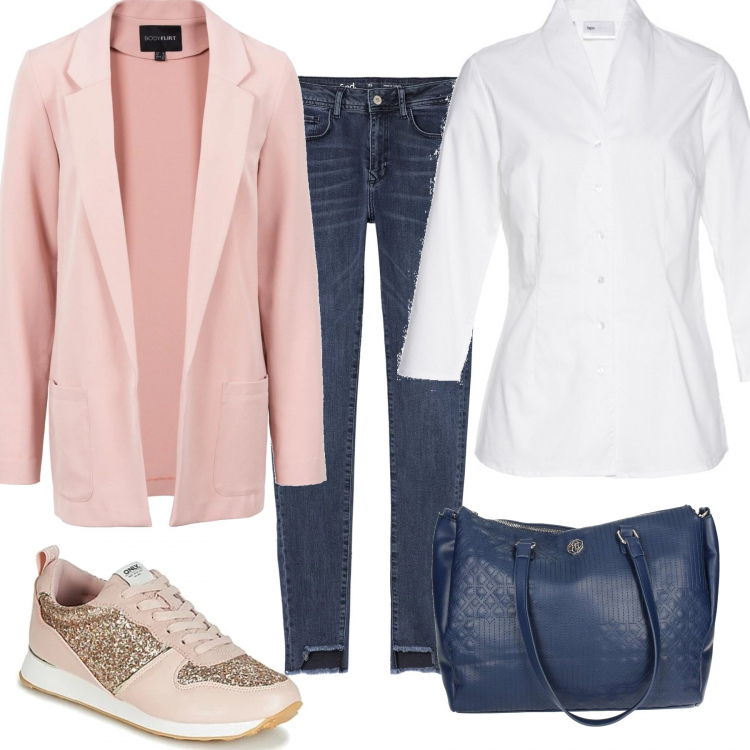 Outfit donna - Blazer rosa in ufficio. Stile Urban per Ufficio. Abbinamento con camicie, blazer, scarpe glitter rosa, shopping bag, jeans skinny.