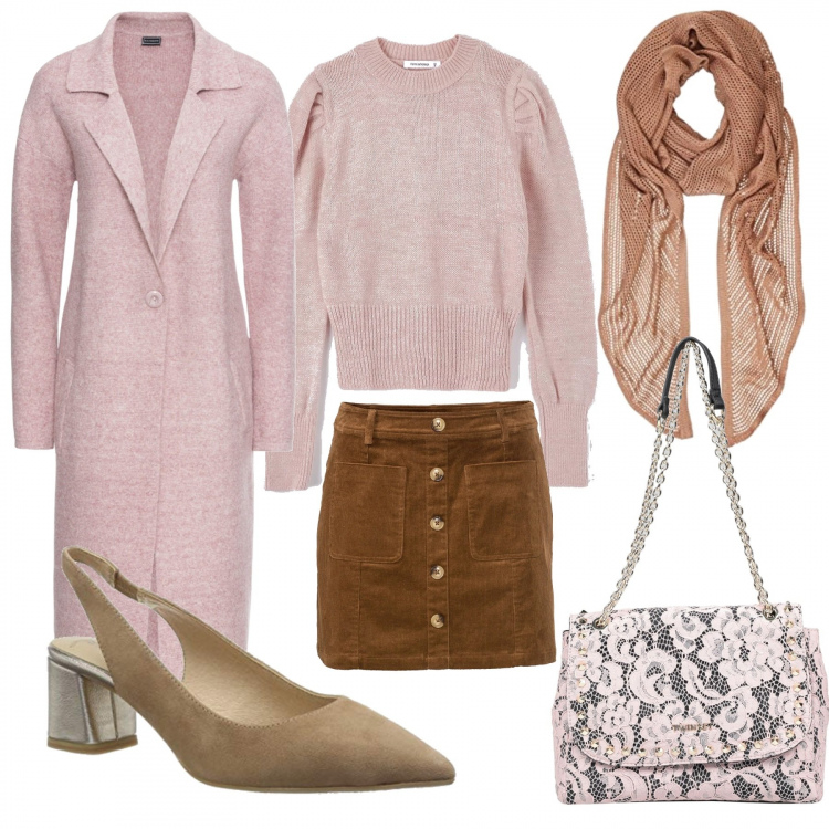 Outfit donna - Il maglione rosa. Stile Chic per Serata fuori. Abbinamento con cappotti, gonne, borse a tracolla, maglia rosa, ballerine, sciarpe.