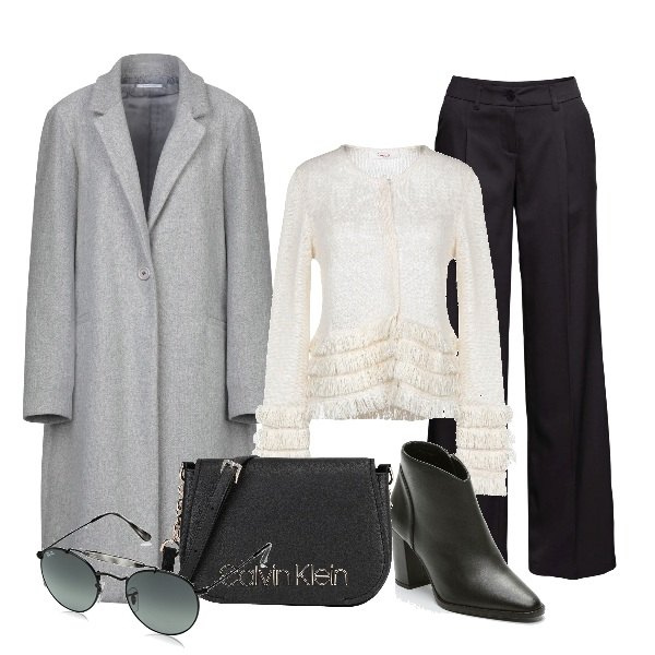 Outfit donna - Inverno con stile. Stile Basic per Tutti i giorni. Abbinamento con pantalone lungo, cardigan senza tasche lavorato a maglia collo tondo a maniche lunghe in cotone tinta unita, cappotto collo con revers a maniche lunghe interno foderato tinta unita, borsa a tracolla, stivaletti effetto scamosciato con zip in pelle nero, occhiali da sole unisex-adulto nero.