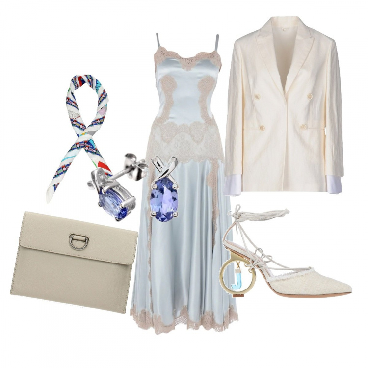 Outfit donna - Cerimonia primaverile. Stile Bon Ton per Cerimonia. Abbinamento con vestito lungo con pizzo fantasia scollatura profonda con zip interno foderato in raso elasticizzato, zeppe, giacca collo con revers a maniche lunghe interno semi-foderato tinta unita, pochette, foulard con stampa in seta multicolore, orecchini a perno in oro bianco impreziosito argento.