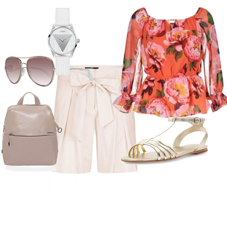Outfit donna - In giro in barca a vale. Stile Urban per Mare. Abbinamento con orologi, shorts, t-shirt, sandali, occhiali da sole rosa, zaini.