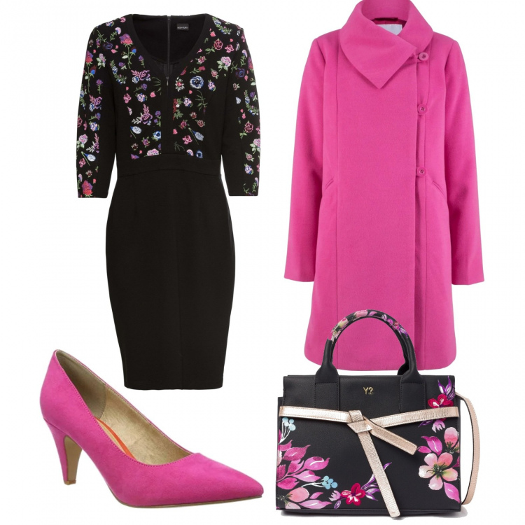 Outfit donna - Fiori d inverno. Stile Chic per Ufficio. Abbinamento con vestito jersey, cappotto forma asimmetrica taglio dritto con bottoni, borsa a mano con tracolla regolabile nero, scarpe con tacco rosa.