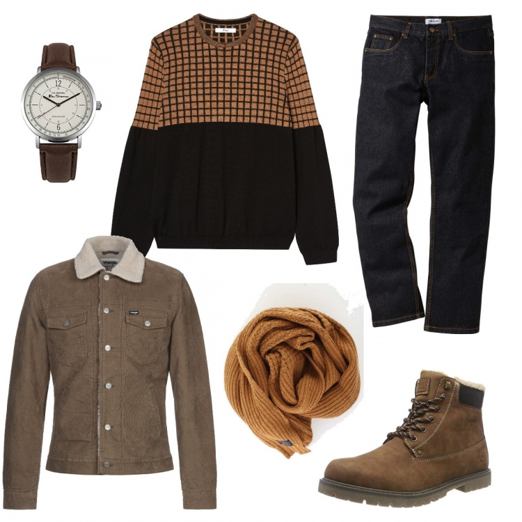 Outfit uomo - Casual #5170. Stile Casual per Tutti i giorni. Abbinamento con jeans dritti, giubbotto, sciarpe, pullover, orologio analogico, stivali.