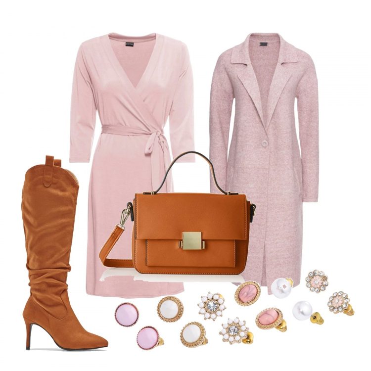 Outfit donna - Pranzo di lavoro. Stile Chic per Ufficio. Abbinamento con cappotti, vestito a portafoglio taglio dritto con scollo rosa, orecchini, stivali con zip marrone, borsa a tracolla.