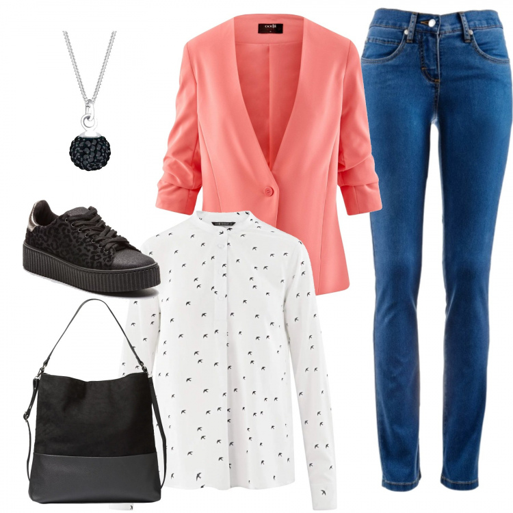 Outfit donna - Trendy #32308. Stile Trendy per Tutti i giorni. Abbinamento con jeans dritti, shopping bag contrasto effetto scamosciato in pelle sintetica nero, sneakers con paillettes nero, camicie, blazer aderente rosa, ciondolo.
