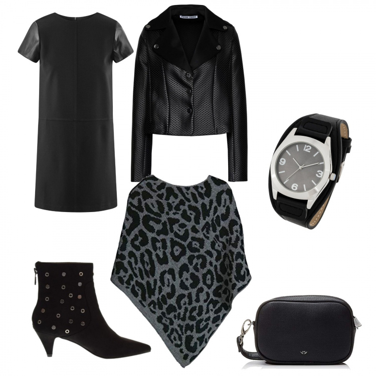 Outfit donna - Monday style Lunedì grintoso. Stile Rock per Ufficio. Abbinamento con vestiti lunghi, giubbotto collo con revers a maniche lunghe interno sfoderato in pelle sintetica tinta unita, stivaletti, vestito forma svasata con scollo in ecopelle aderente nero, cappotti, borsa a tracolla nero.