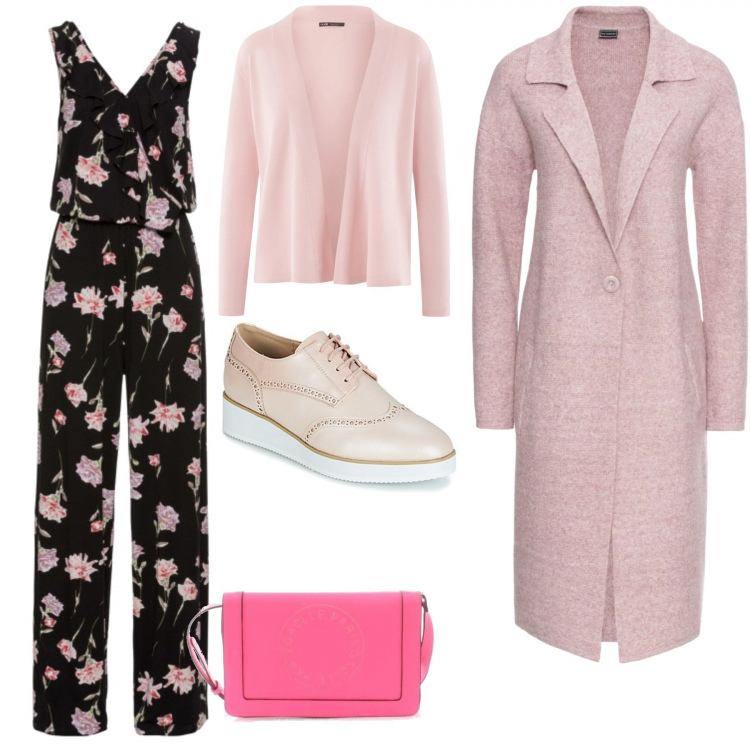 Outfit donna - La jumpsuit a fiori. Stile Urban per Scuola/Università. Abbinamento con cappotti, tute, scarpe stringate, borsetta rosa, cardigans.