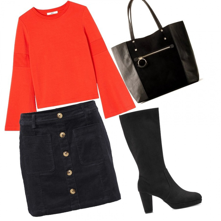 Outfit donna - Every day 3. Stile Trendy per Scuola/Università. Abbinamento con bluse, stivali, borsa a mano con tasca interna nero, t-shirt.