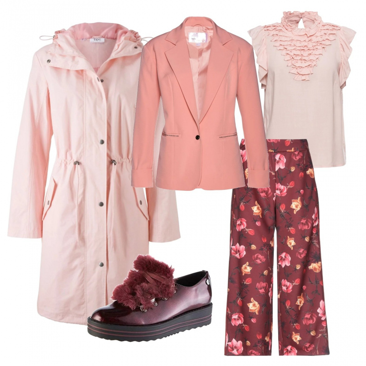 Outfit donna - In rosa chiaro. Stile Bon Ton per Tutti i giorni. Abbinamento con pantaloni, gilet, top con volant rosa, vestiti, scarpe stringate.