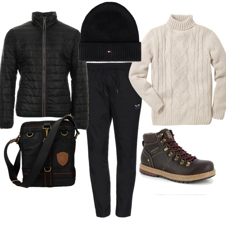 Outfit uomo - Escursione in montagna. Stile Urban per Sport. Abbinamento con maglieria, pantalone a sigaretta in gabardine tinta unita, cappello lavorato a maglia taglia media tinta unita, accessori, piumino nero, stivaletti con punta tonda marrone.