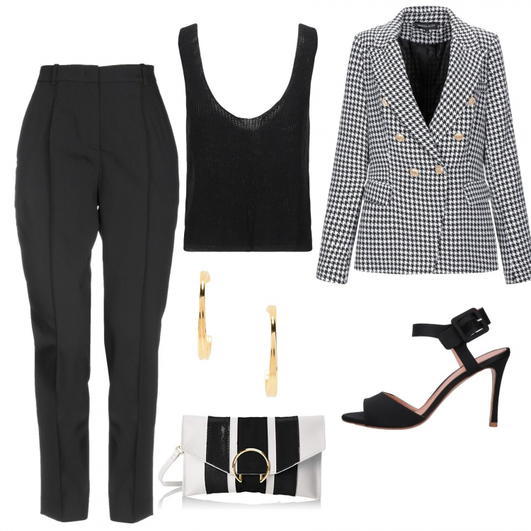 Outfit mujer - Noches en blanco y negro. Estilo Basic para Noche/Fiesta elegante. Combinación con clutch, giacca, stiletti in raso, camiseta, pantalone navy, pendientes.