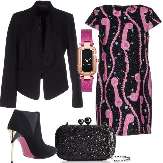Outfit donna - Nero e fucsia. Stile Trendy per Tutti i giorni. Abbinamento con clutch.