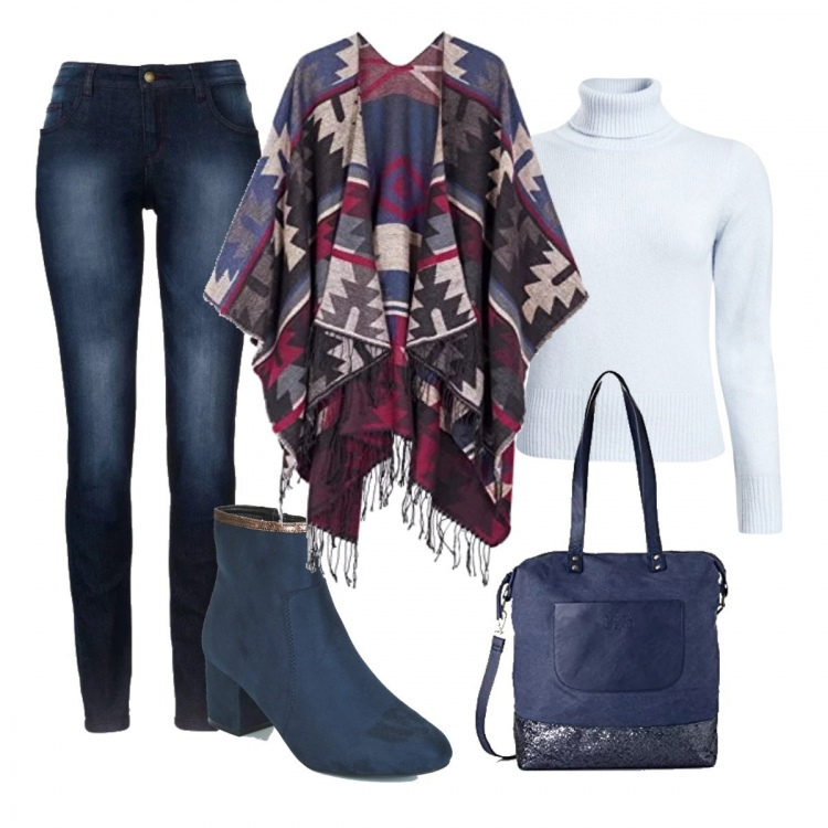 Outfit donna - La giovane maestra. Stile Basic per Scuola/Università. Abbinamento con jeans skinny, stivaletti, maglioni, poncio, borse a spalla.
