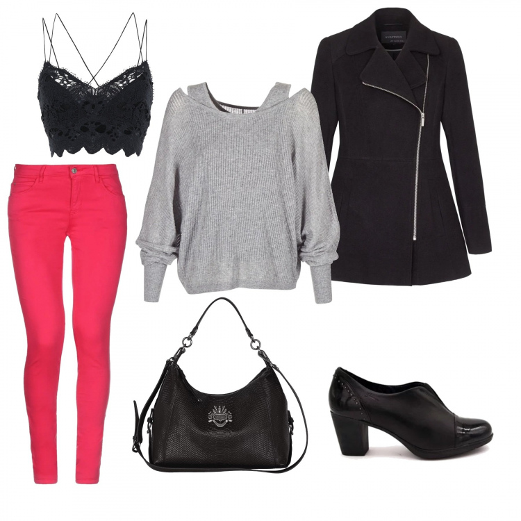 Outfit mujer - Toque de color. Estilo Urban para Todos los días. Combinación con cappotto, maglioncino jersey, scarpe stringate, borsa a mano, reggiseno, pantalones.
