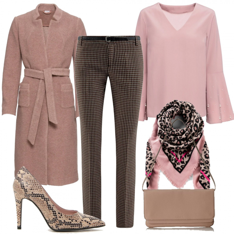 Outfit donna - Style low-cost & Chic. Stile Bon Ton per Tutti i giorni. Abbinamento con foulard, décolleté, top, pantaloni, décolleté, pochette con zip rosa e pastello.