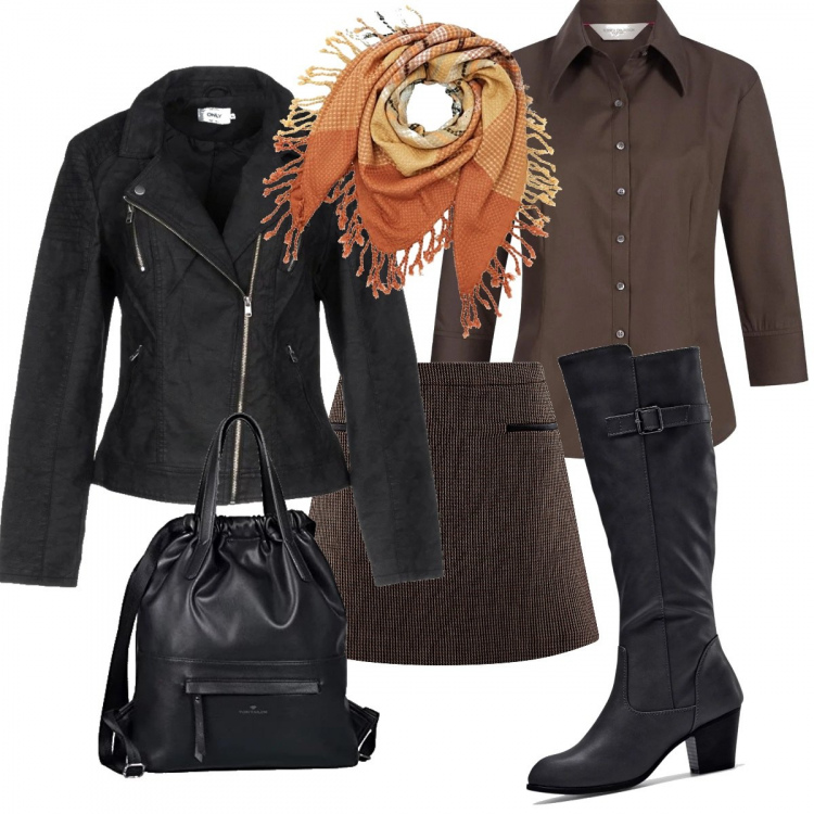 Outfit donna - Passeggiata in città. per Tutti i giorni. Abbinamento con stivali, giubbotto a maniche lunghe con zip interno foderato in pelle sintetica tinta unita, gonna a trapezio in ecopelle aderente marrone, camicia a maniche lunghe in cotone con bottoni, borsa zainetto nero, sciarpa.