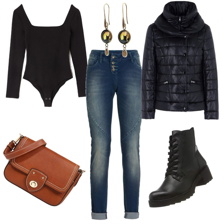 Outfit donna - Stasera tira vento...fidati!. Stile Rock per Serata fuori. Abbinamento con jeans boyfriend, giubbotto collo alto a maniche lunghe con zip interno imbottito in tessuto tecnico tinta unita, body a coste con tacco squadrato e scollo a maniche lunghe tinta unita nero, orecchini nero, stivali nero, borsa a tracolla marrone.