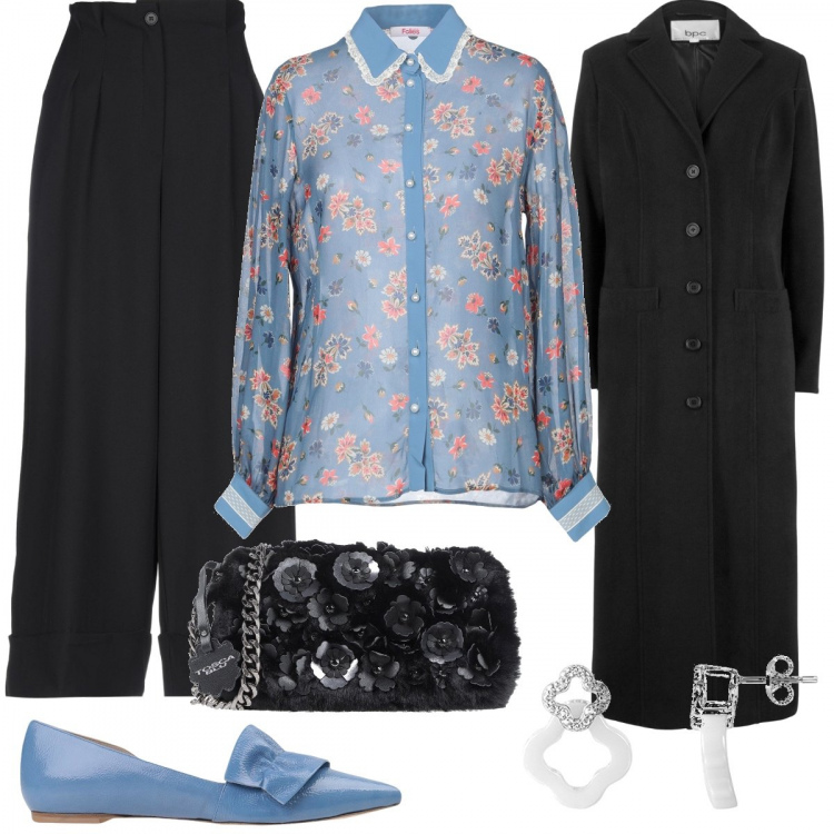 Outfit donna - Miu miu. Stile Trendy per Serata fuori. Abbinamento con cappotti, gonna lunga, camicia senza tasche fantasia floreale collo classico a maniche lunghe in viscosa crêpe, borsa a tracolla, ballerine senza tacco a punta pianta stretta tinta unita, orecchini.