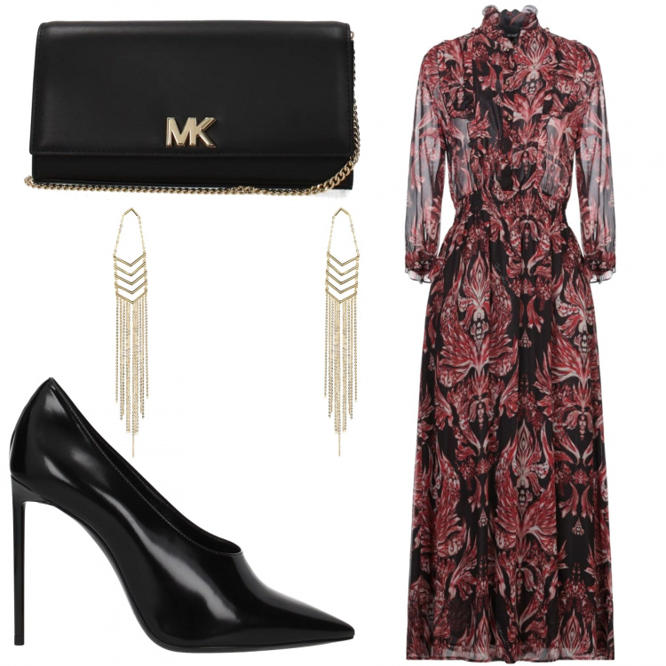 Outfit donna - Cerimonia invernale. Stile Chic per Cerimonia. Abbinamento con vestito lungo a trapezio fantasia collo alto a maniche lunghe interno foderato in viscosa crêpe, orecchini con farfallina nero, pochette con logo frontale nero, décolleté.