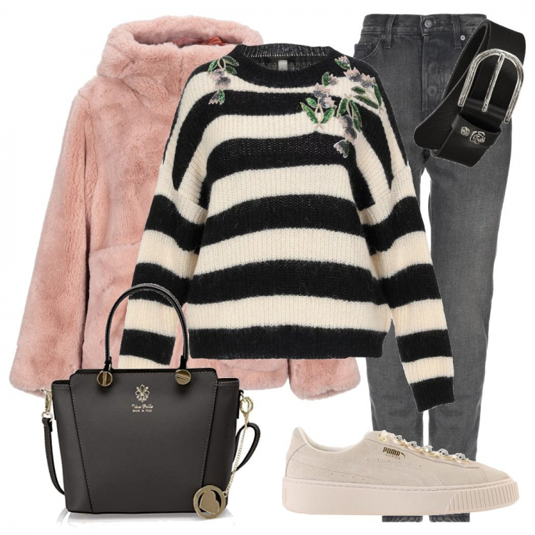 Outfit donna - Trendy #32496. Stile Trendy per Tutti i giorni. Abbinamento con pullover senza tasche fantasia floreale lavorato a maglia collo tondo a maniche lunghe taglia media in mohair, sneakers, jeans a tubo delavé vita alta in cotone tinta unita, cappotti, borsa a mano nero, cintura.