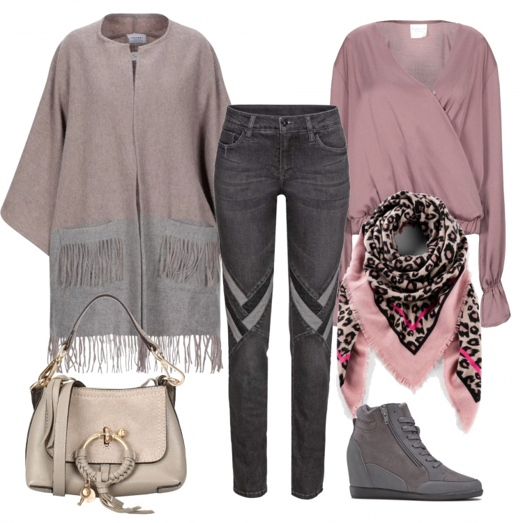 Outfit donna - Fall Winter Style Fashion. Stile Trendy per Tutti i giorni. Abbinamento con foulard, maglieria, stivaletti con zeppe effetto scamosciato con zip in pelle sintetica grigio, blusa con arricciature collo a v a maniche lunghe senza tasche crêpe, cappe, borse a tracolla.