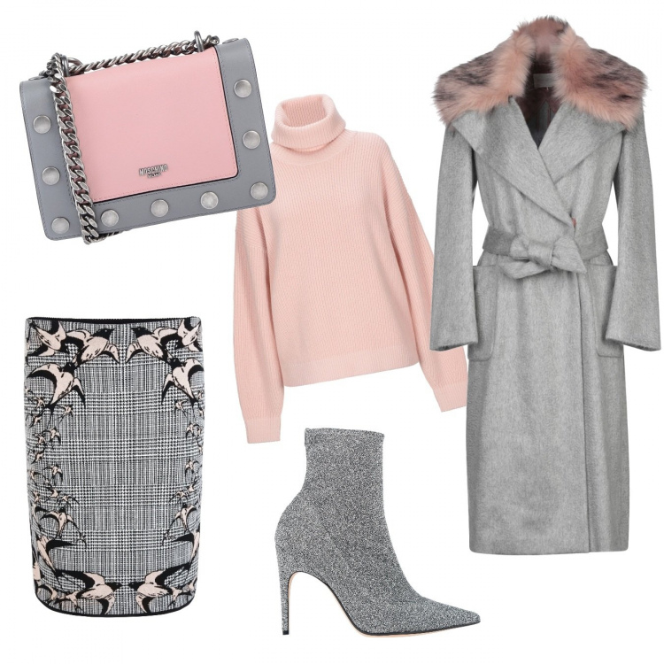 Outfit donna - Rose and grey. Stile Chic per Tutti i giorni. Abbinamento con stivaletti, maglioncino melange lavorato a maglia collo a dolcevita a maniche lunghe taglia media tinta unita, borsa a spalla mini fantasia con borchie interno foderato con tracolla regolabile, cappotti, gonna multicolore e nero e bianco.