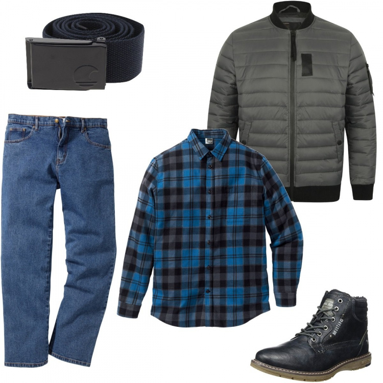 Outfit uomo - Casual #5208. Stile Casual per Tutti i giorni. Abbinamento con jeans dritti, camicia in flanella blu, stivali navy, piumino con zip e tasche grigio, cinture.