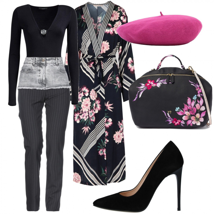 Outfit donna - La rosa dell\'inverno. Stile Trendy per Tutti i giorni. Abbinamento con soprabito in raso, jeans delavé con zip in denim tinta unita, décolleté effetto scamosciato con tacco spillo a punta tinta unita, cappello, borsa a mano con tracolla regolabile nero, body nero.