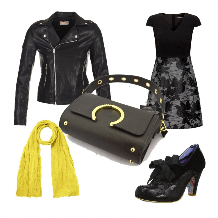 Outfit donna - Not a boring party. Stile Trendy per Cerimonia. look ideale per Petite. Abbinamento con giacca nero, borsetta grigio, vestito con zip multicolore e nero, scarpe col tacco nero, sciarpa.